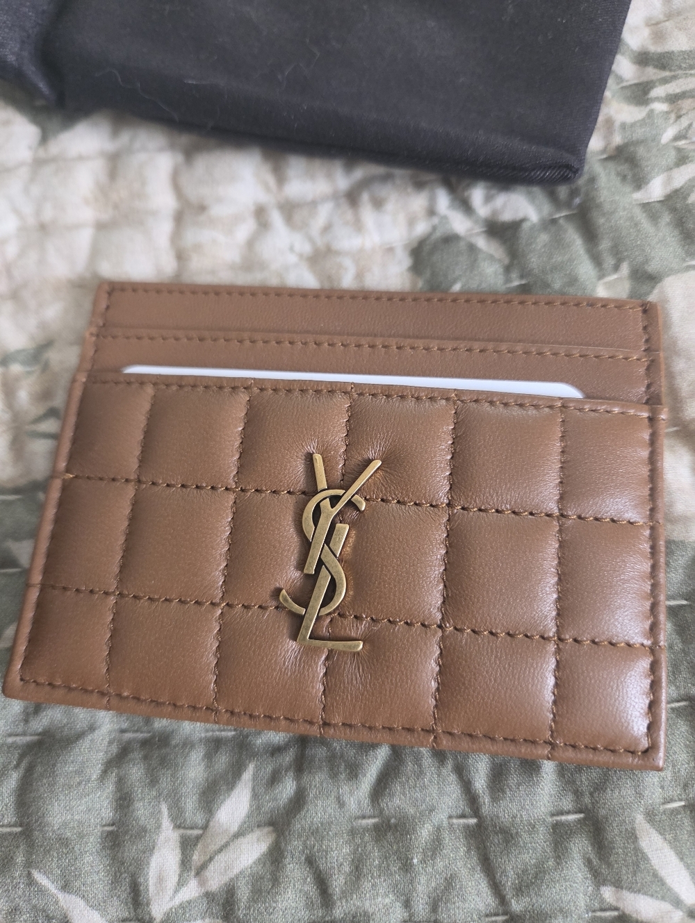Saint Laurent Brown Quilted Leather Card Holder with Gold YSL Emblem